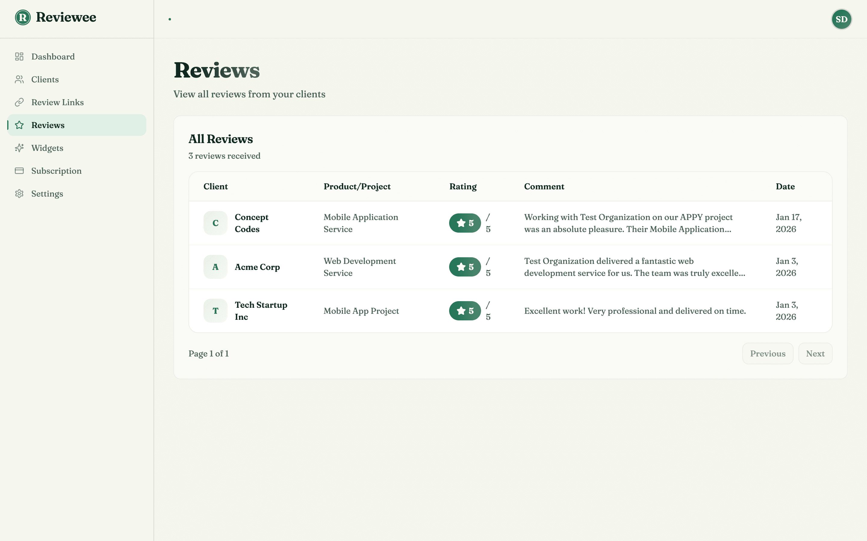 The Reviewee dashboard Reviews page listing three client reviews with ratings, comments and dates