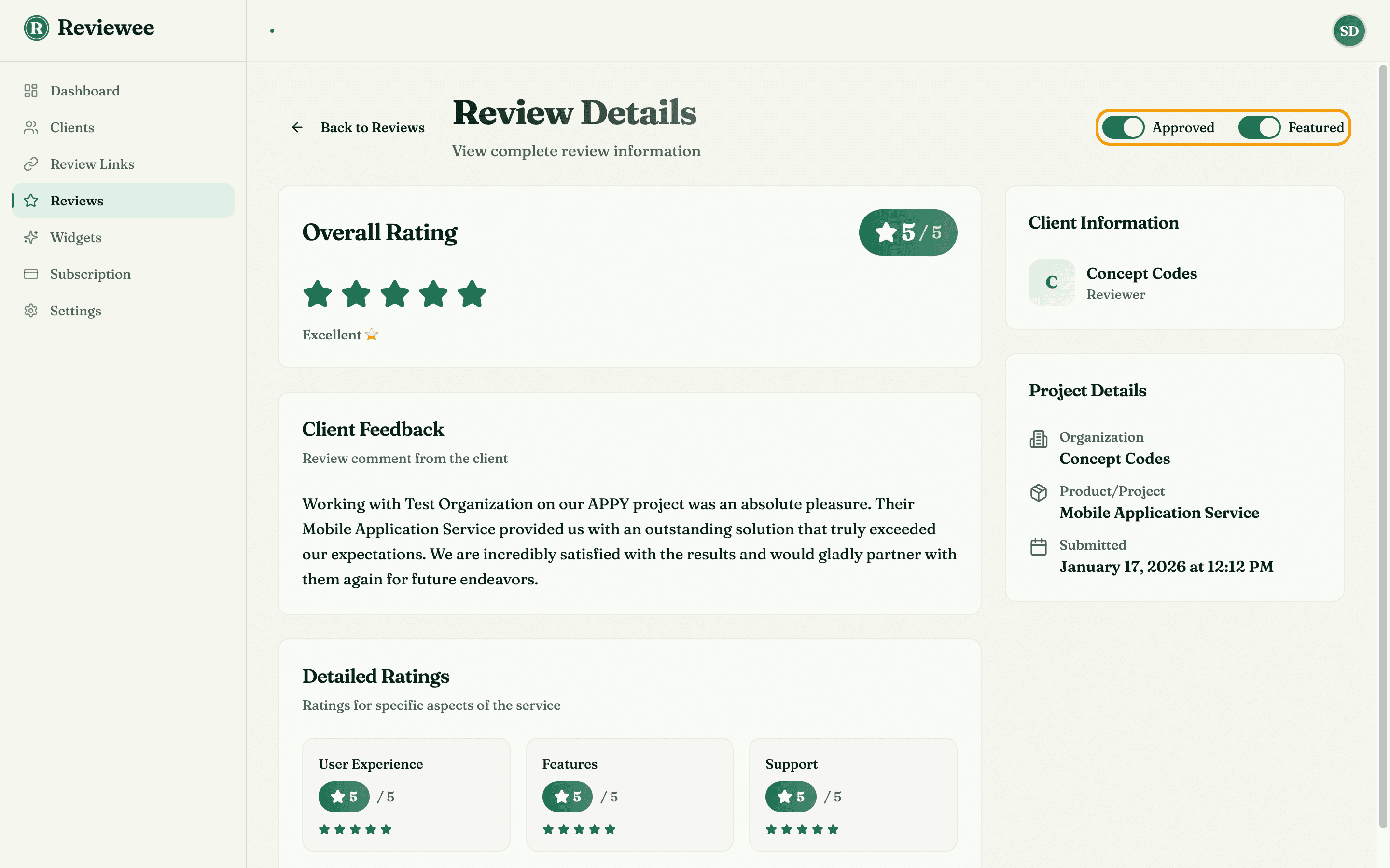 A single review detail page with the Approved and Featured switches highlighted in the top-right corner