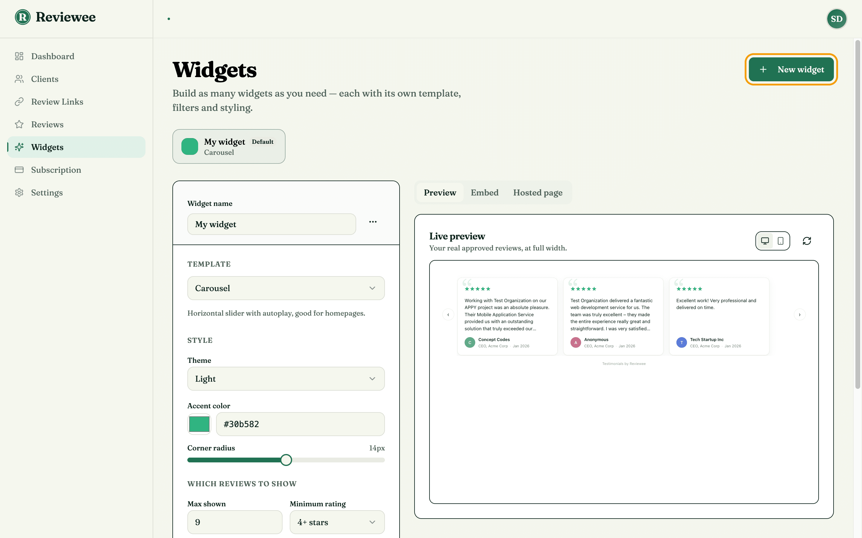 The Widgets page with the New widget button highlighted, the widget settings on the left and a live preview on the right