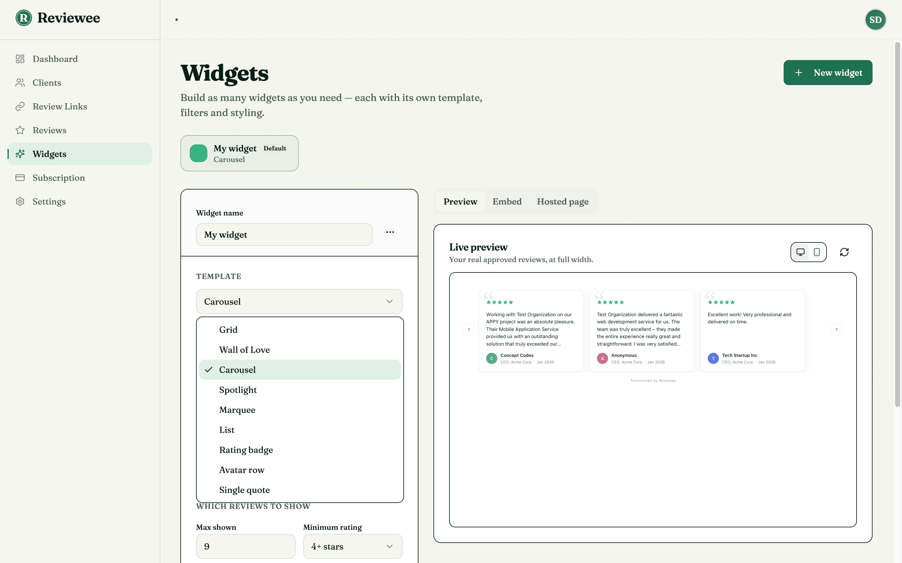The template dropdown open, listing Grid, Wall of Love, Carousel, Spotlight, Marquee, List, Rating badge, Avatar row and Single quote