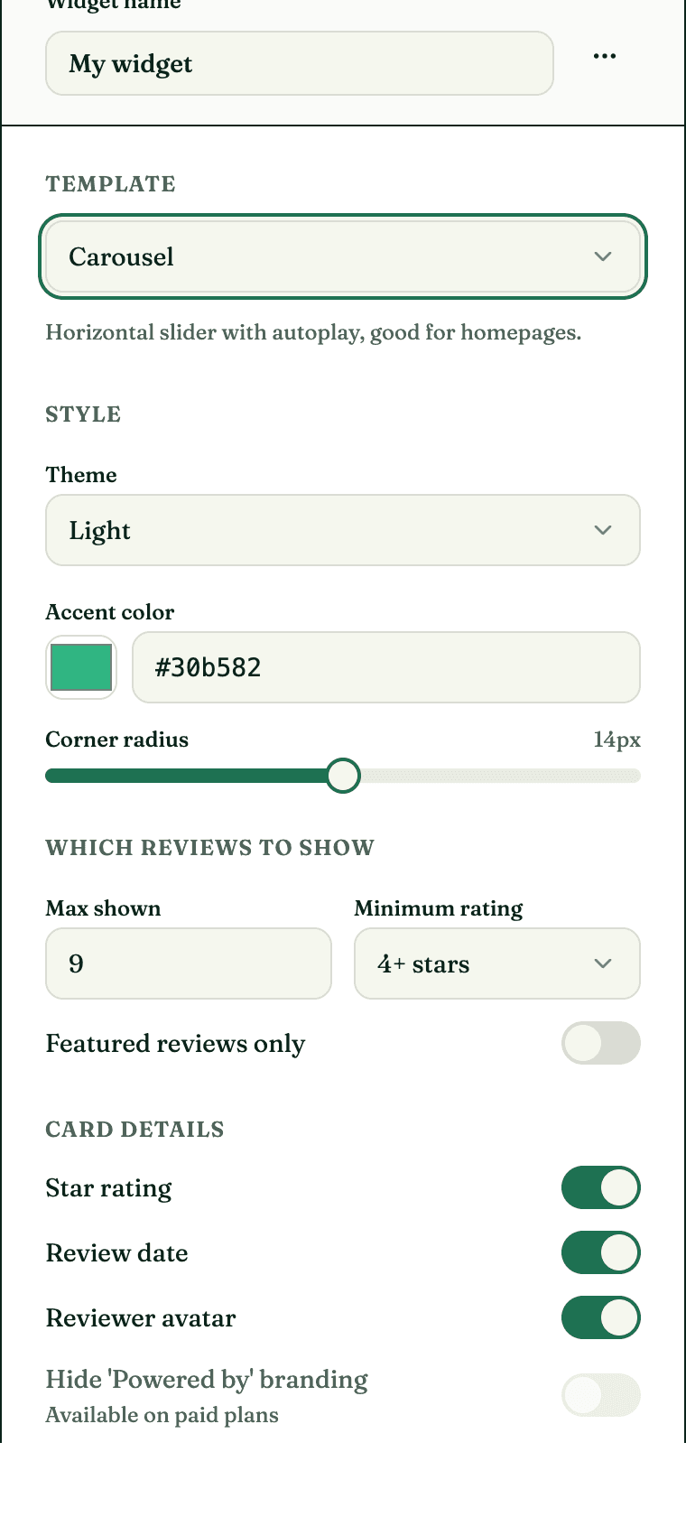 The widget settings panel: template, theme, accent colour, corner radius, max reviews shown, minimum rating, featured-only switch and card detail toggles