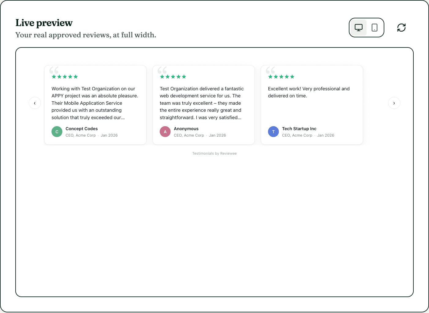 The live preview card showing the carousel widget with three approved reviews
