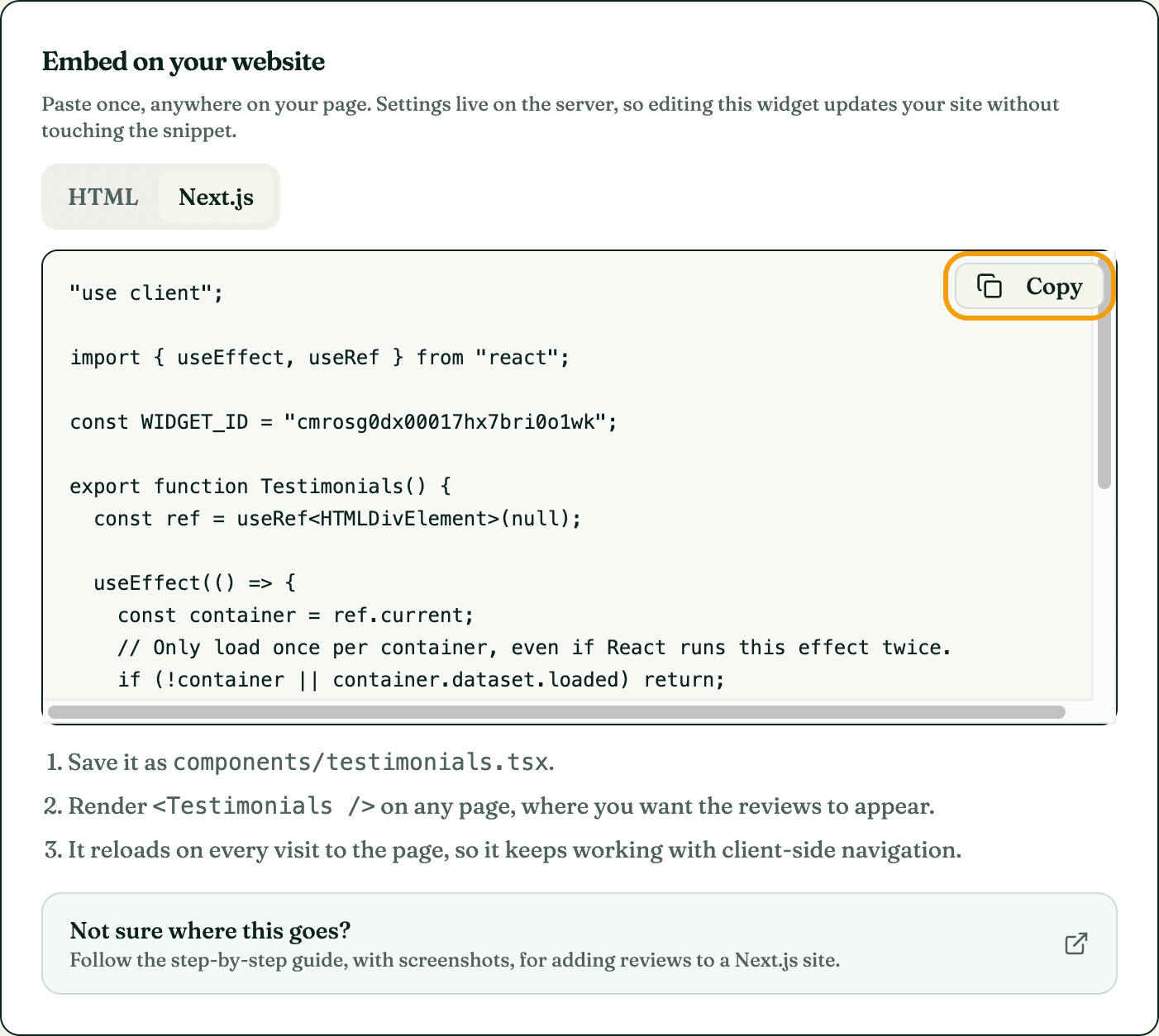 The Embed tab with the Next.js option selected, showing the component code and a highlighted Copy button