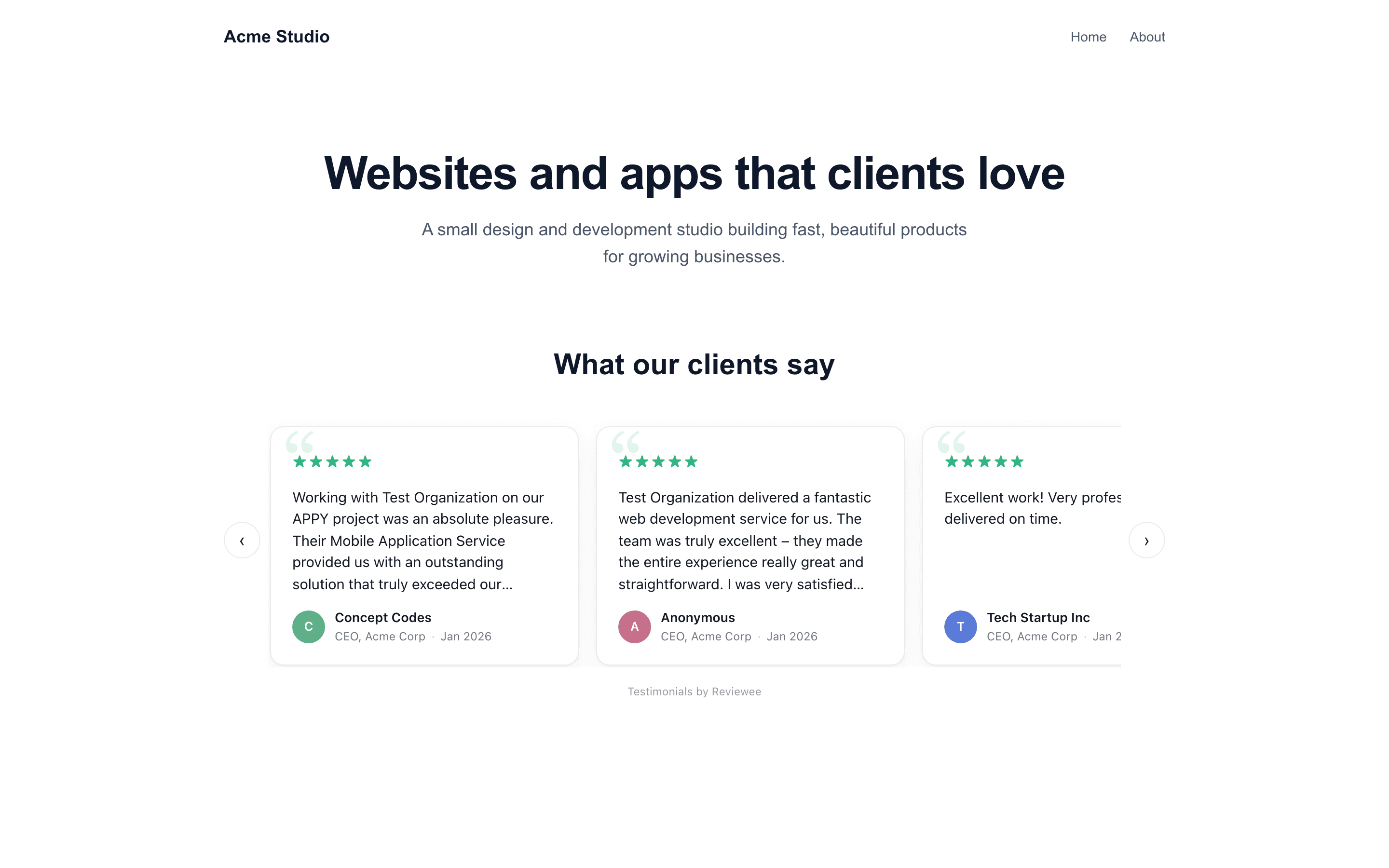 A Next.js website homepage with a 'What our clients say' section showing three five-star client reviews in a carousel
